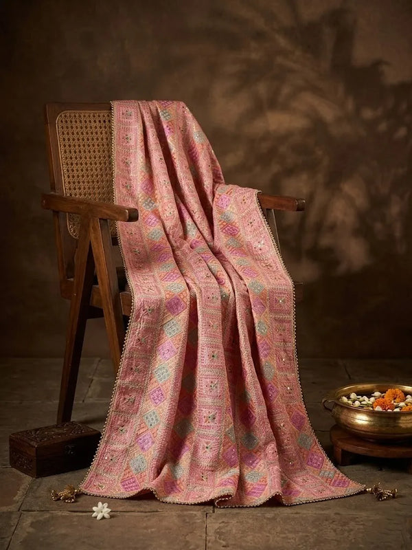 Luxe Chinon Women Phulkari Dupatta with Mirror & Beads Detailing, Lace Border and Latkan Tassels