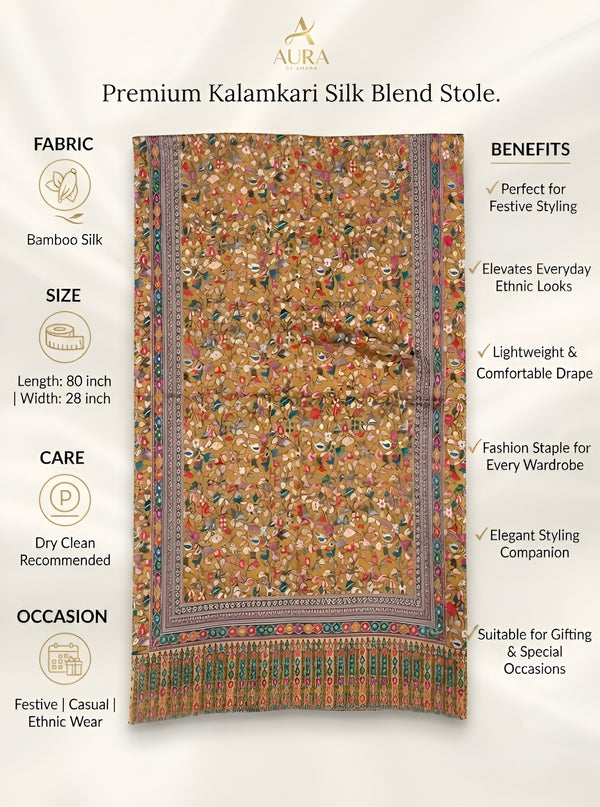 Reserve Mens All-Over Kalamkari Floral Print Bamboo Silk Mustard Stole