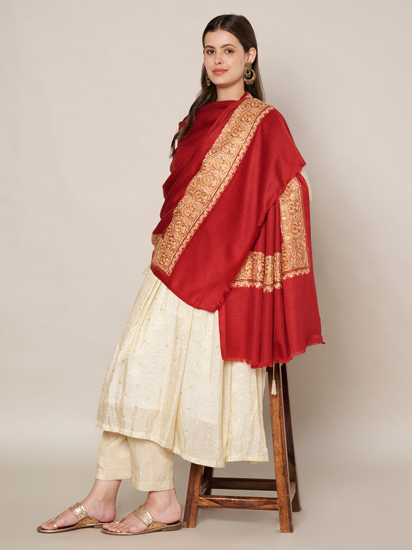 Solid Maroon Woolen Women Shawl with Rich Embroidered Border – 80 x 40 Inches