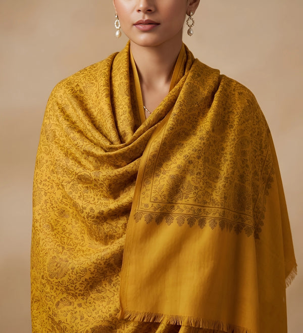 Naqsh-e-Kashmir Sozni Jaal Embroidered Yellow Shawl | Traditional Kashmiri Wool Blend