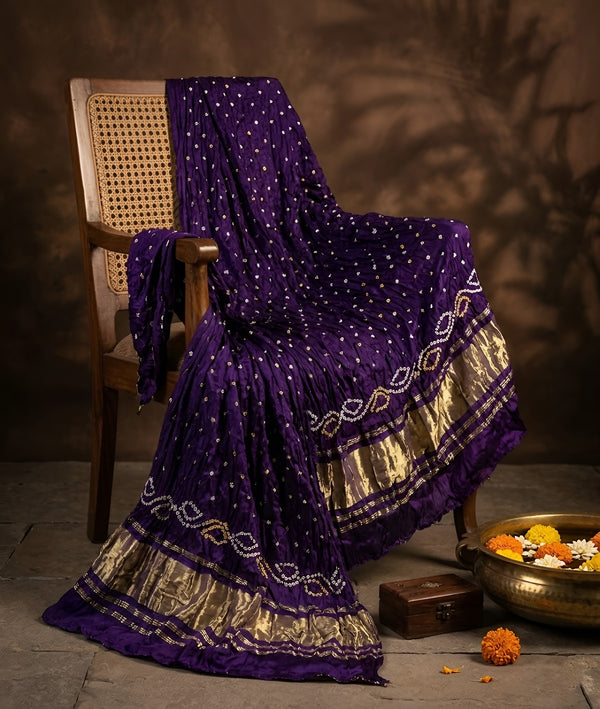 Luxurious Gajji Silk Blue Dupatta with Bandhani Dots & Zari Border