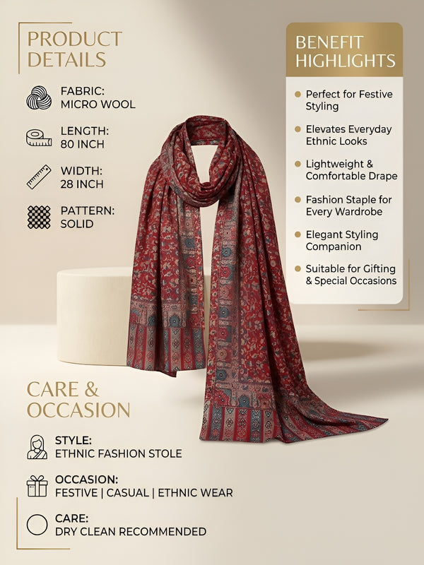 Reserve Mens Bamboo Silk Floral Kalamkari Printed Red Stole