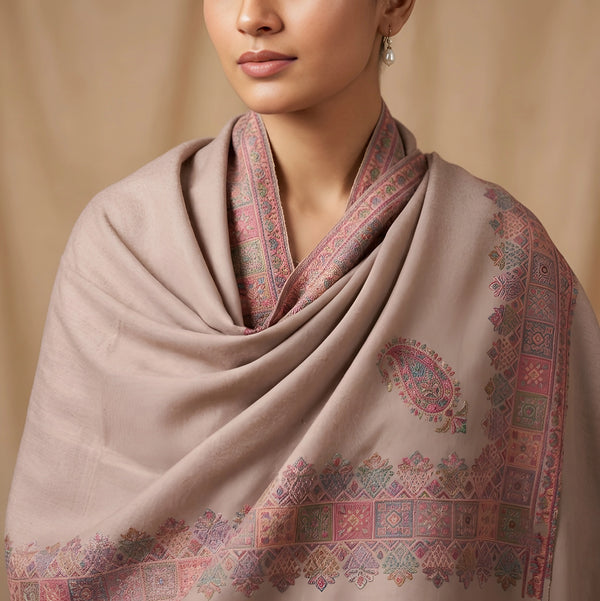 Naqsh-e-Kashmir Inspired Kani Paisley & Geometric Border Wool Blend Brown Shawl