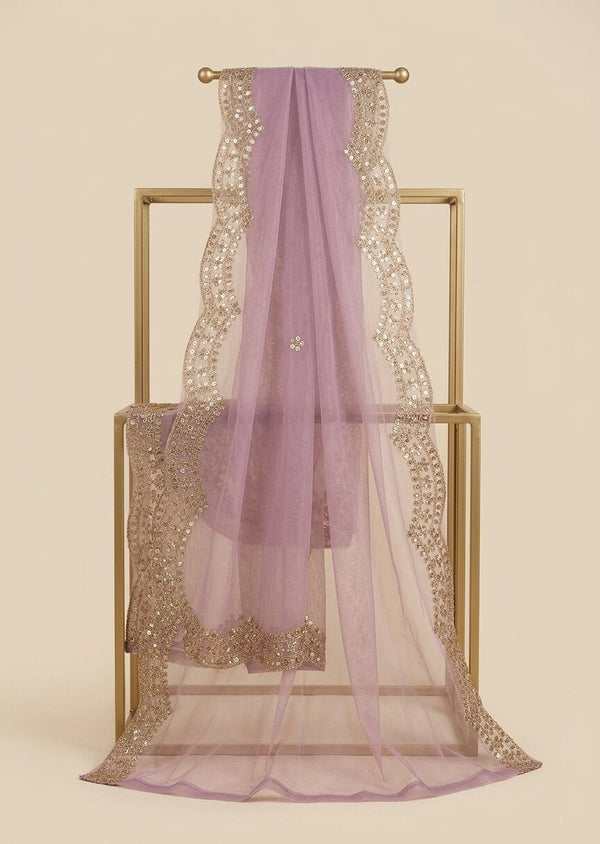 Pink Twill Net Mens Dupatta – Scalloped Cutwork Border with Buti Work