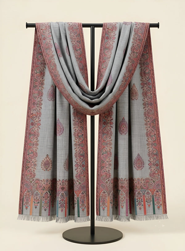 Regal Kani Woven Paisley Border Wool Blend Grey Stole | Kashmiri Inspired