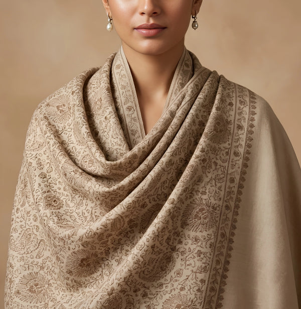 Naqsh-e-Kashmir Sozni Jaal Embroidered Beige Shawl | Traditional Kashmiri Wool Blend