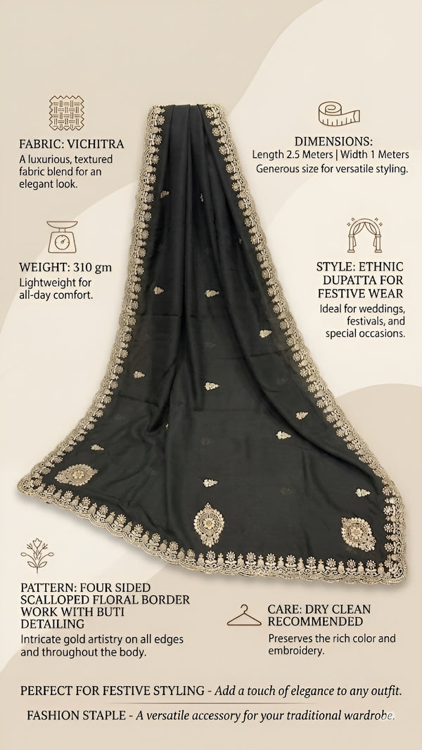 Luxe Vichitra Women Black Dupatta with 4 Side Scalloped Embroidered Border & Buti Embellishment