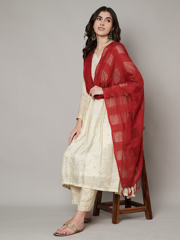 Red Cotton Woven Check Dupatta with Tassel Detailing (Size: 2.5x1 m Approx)