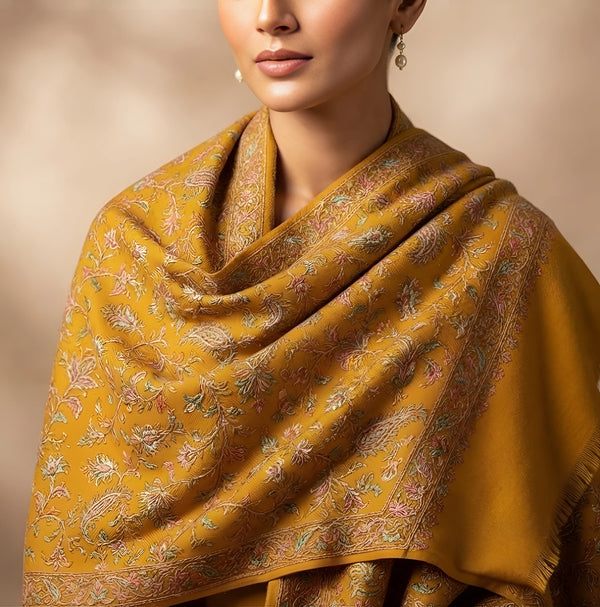 Naqsh-e-Kashmir Inspired Jamawar Floral Paisley Vine Wool Blend Yellow Shawl