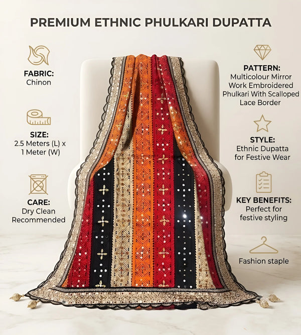 Luxe Chinon Multicolour Mirror Work Embroidered Phulkari Dupatta with Scalloped Lace Border
