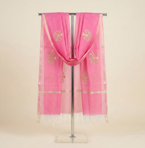 Organza Zari Buta Mens Dupatta – Pink Tone with Gold Woven Design