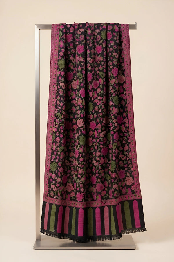Regal Kani Weave Floral Wool Blend Black Stole | Kashmiri Inspired