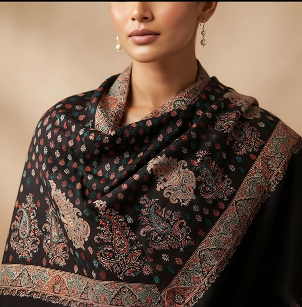 Naqsh-e-Kashmir Kani Woven All-Over Paisley Jacquard Black Shawl