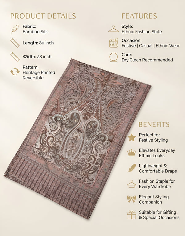 Everyday Bamboo Silk Heritage Printed Reversible Beige Stole