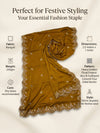 Luxe Rangoli Women Gold Dupatta with 4 Side Scalloped Embroidered Border & Buti Embellishment