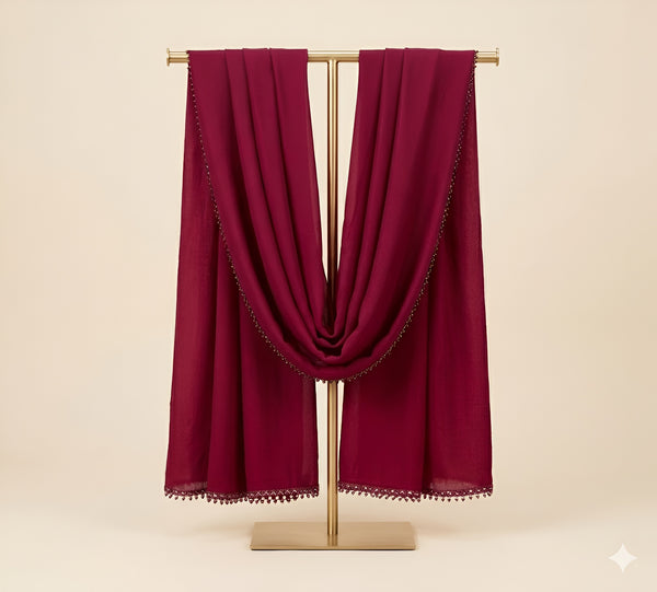 Nazneen Chiffon Mens Dupatta – Solid Wine with Elegant Lace Border