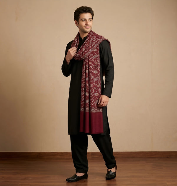 Mir-e-Khas Men's Kashmir-Inspired Jamawar Floral Paisley Vine Maroon Shawl
