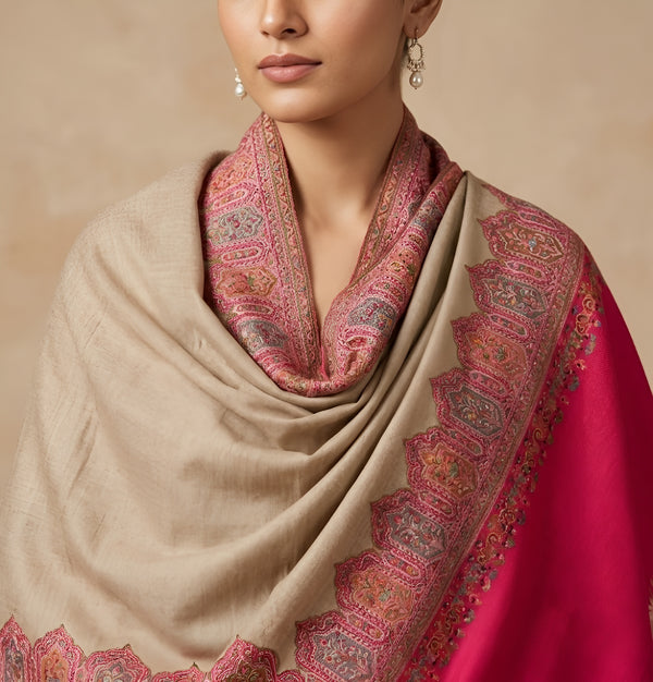 Naqsh-e-Kashmir Woven Kani Jacquard Pink Shawl with Solid Panel & Traditional Border