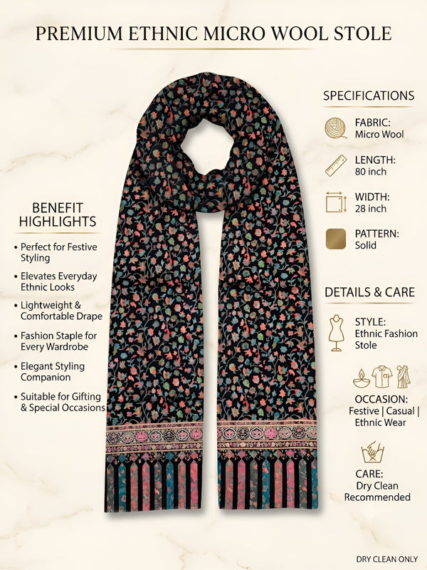 Reserve Mens Bamboo Silk Floral Kalamkari Printed Black Stole