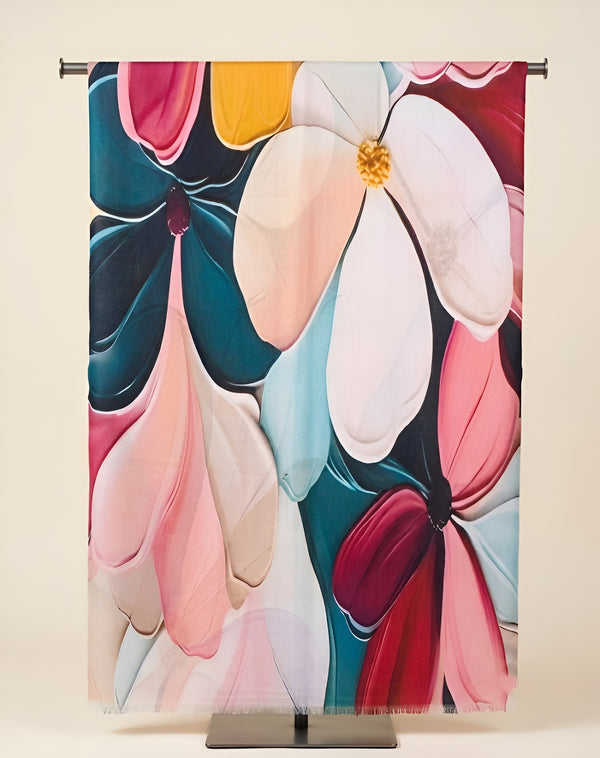 Signature Bamboo Silk Floral PrintedStole | Oversized Contemporary Bloom Print