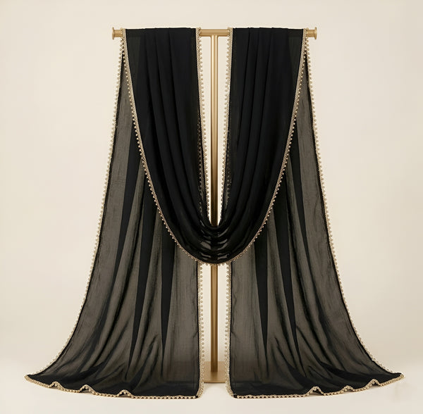 Nazneen Chiffon Mens Dupatta – Solid Black with Elegant Lace Border