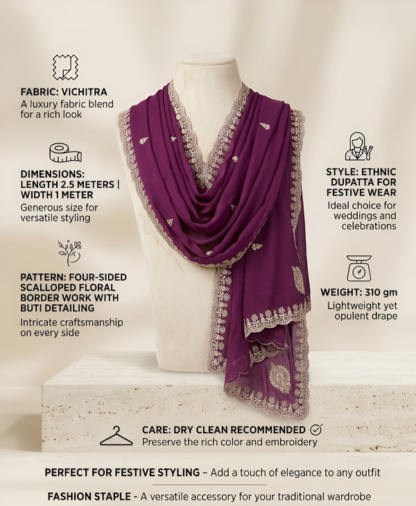 Luxe Vichitra Women Purple Dupatta with 4 Side Scalloped Embroidered Border & Buti Embellishment
