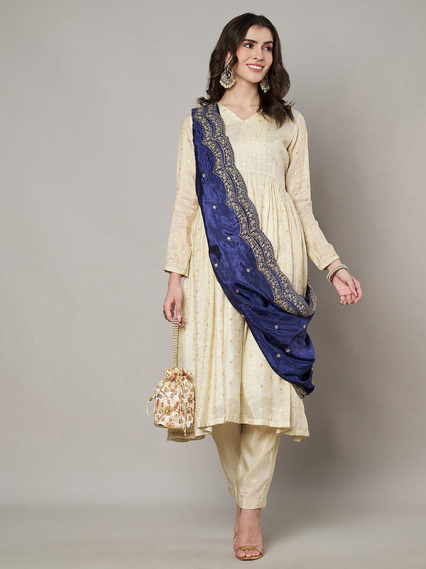Blue Chinon Dupatta with Scalloped Embroidered Border & Sequin Motifs (Size: 2.5x1 m Approx)
