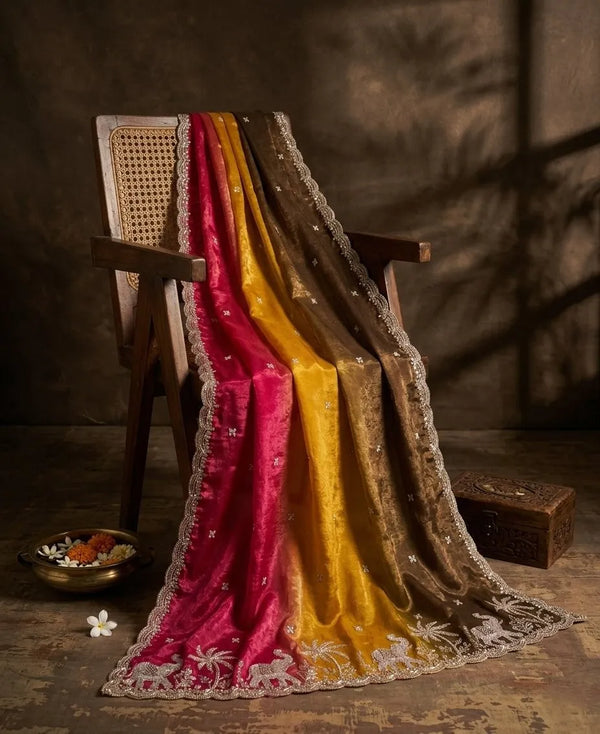 Luxe Fendi Womens Yellow Dupatta with Heritage Zari Buti & Elephant Work