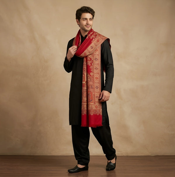 Mir-e-Khas Men's Mughal Palace Scenic Jacquard Woven Red Shawl with Zari Work