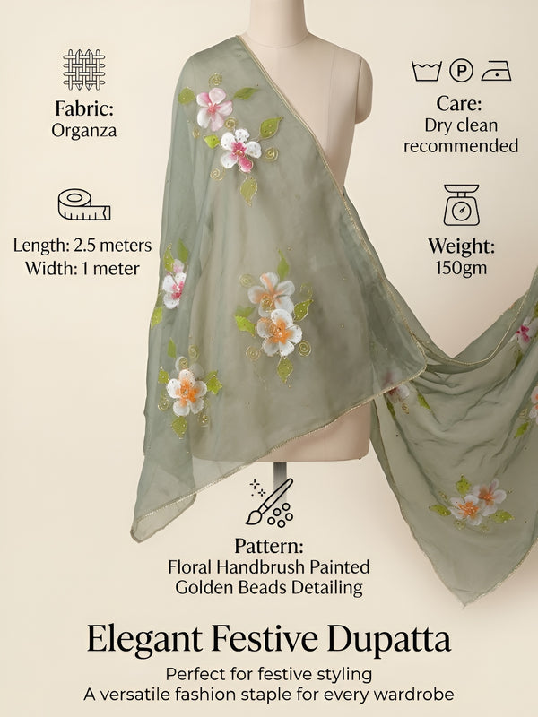 Luxe Organza Women Dark Green Dupatta with Handbrush Floral Art & Beads