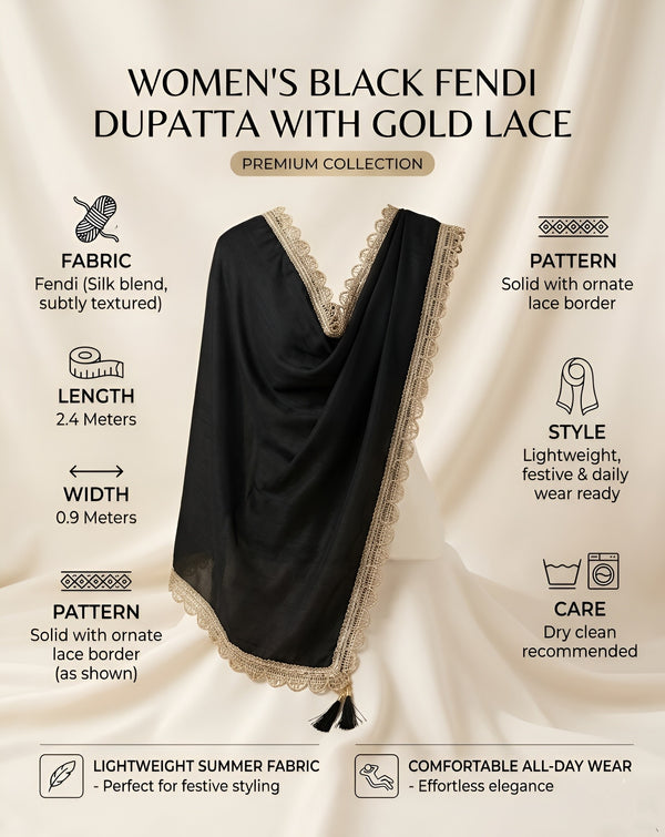 Fendi Mens Dupatta – Black Tone with Lace Border & Latkan Finish