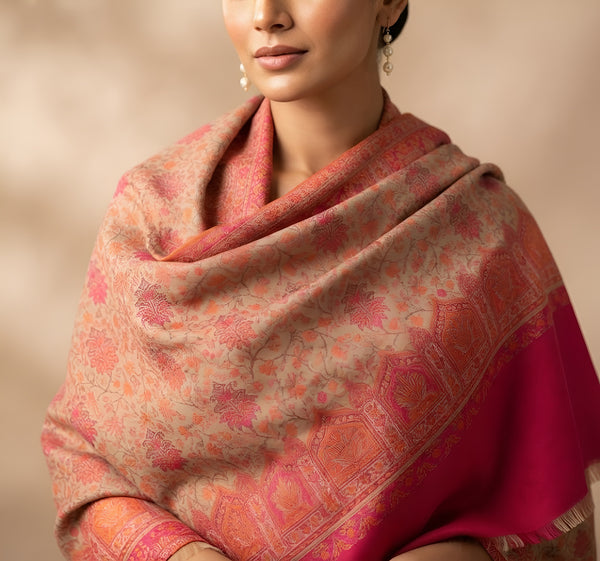 Naqsh-e-Kashmir Woven Kani Jacquard Floral Shawl with Traditional Pink Border & Panel
