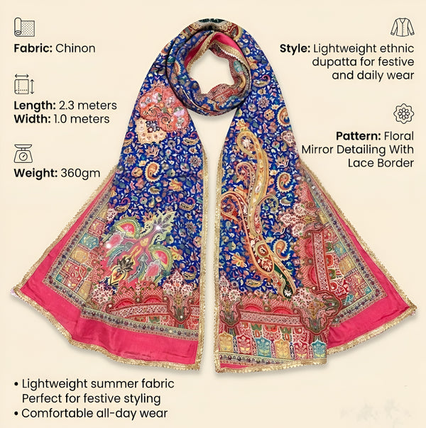 Chinon Floral Mirror Work Women Multicolor Dupatta with Designer Printed Panels & Lace Border