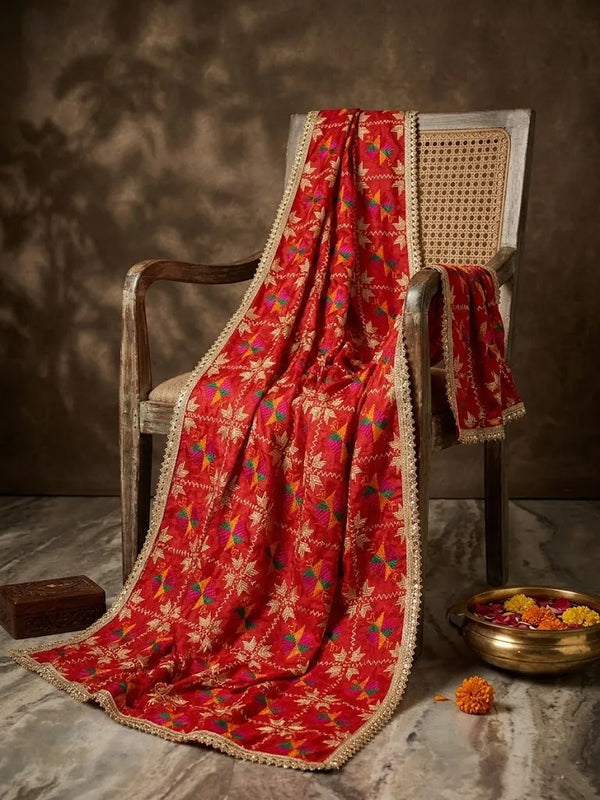 Luxe Chinon Women Phulkari Red Dupatta with Lace Border & Traditional Motif Work