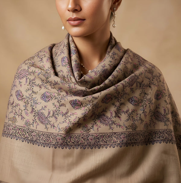 Naqsh-e-Kashmir Inspired Jamawar Floral Paisley Vine Wool Blend Beige Shawl