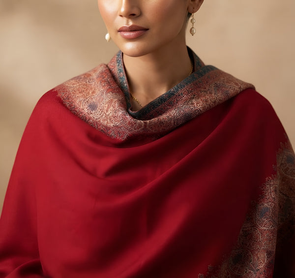 Naqsh-e-Kashmir Woven Kani Jacquard Border Maroon Shawl | Wool Blend
