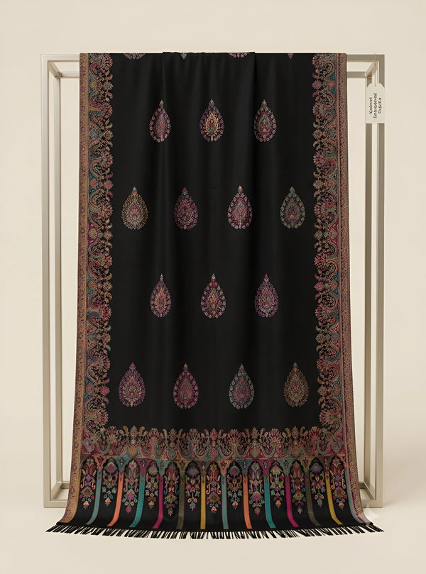 Regal Kani Woven Paisley Border Wool Blend Black Stole | Kashmiri Inspired