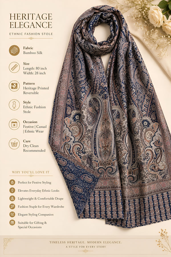 Everyday Bamboo Silk Heritage Printed Reversible Blue Stole