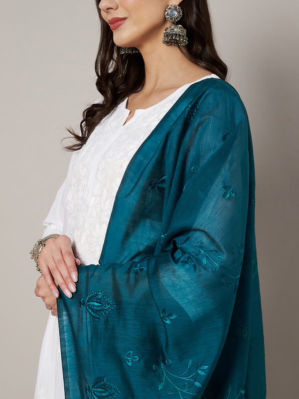Blue Chanderi Cotton Dupatta with Subtle Floral Embroidery (Size: 2.5x1 m Approx)