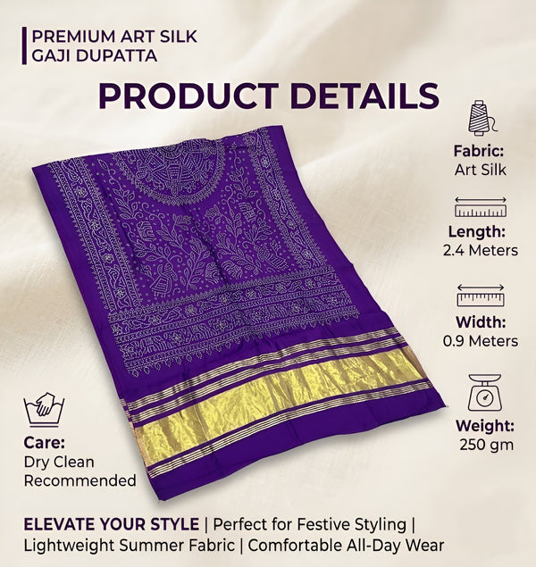 Bamboo Silk Bandhani Inspired Gajji Women Purple Dupatta with Elephant & Floral Motifs and Golden Tape Border