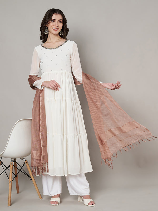 Elegant Light Brown Cotton Dupatta with Subtle Woven Stripes & Tassel Detailing (Size: 2.5x1 m Approx)