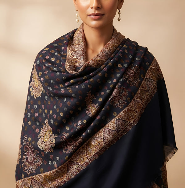 Naqsh-e-Kashmir Kani Woven All-Over Paisley Jacquard Blue Shawl