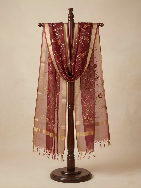 Organza Meena Jaal Mens Dupatta – Maroon with Gold Woven Design