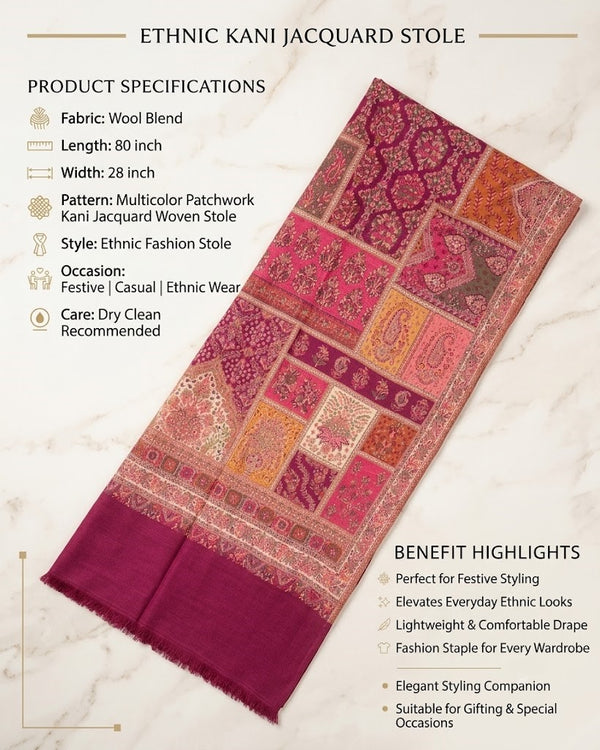 Regal Multicolor Patchwork Kani Jacquard Woven Wool Blend Maroon Stole