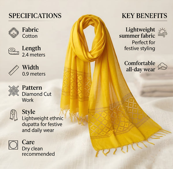Cotton Mens Dupatta – Mustard with Diamond Cut Work & Woven Border