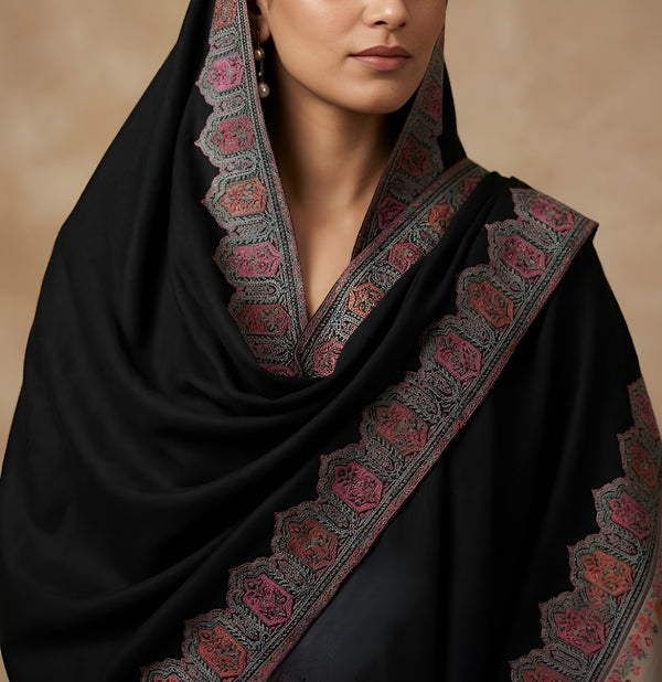 Naqsh-e-Kashmir Woven Kani Jacquard Black Shawl with Solid Panel & Traditional Border