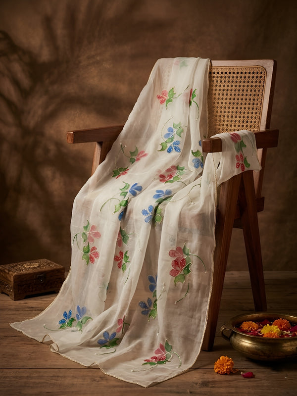 Luxe Organza Women White Dupatta with Handbrush Floral Art & Beads