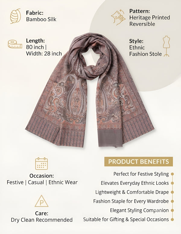 Everyday Bamboo Silk Heritage Printed Reversible Grey Stole