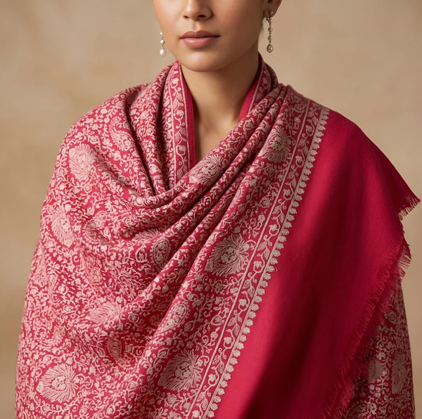 Naqsh-e-Kashmir Sozni Jaal Embroidered Pink Shawl | Traditional Kashmiri Wool Blend