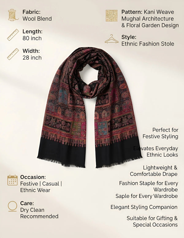 Regal Kani Weave Mughal Architecture & Floral Garden Wool Blend Black Stole